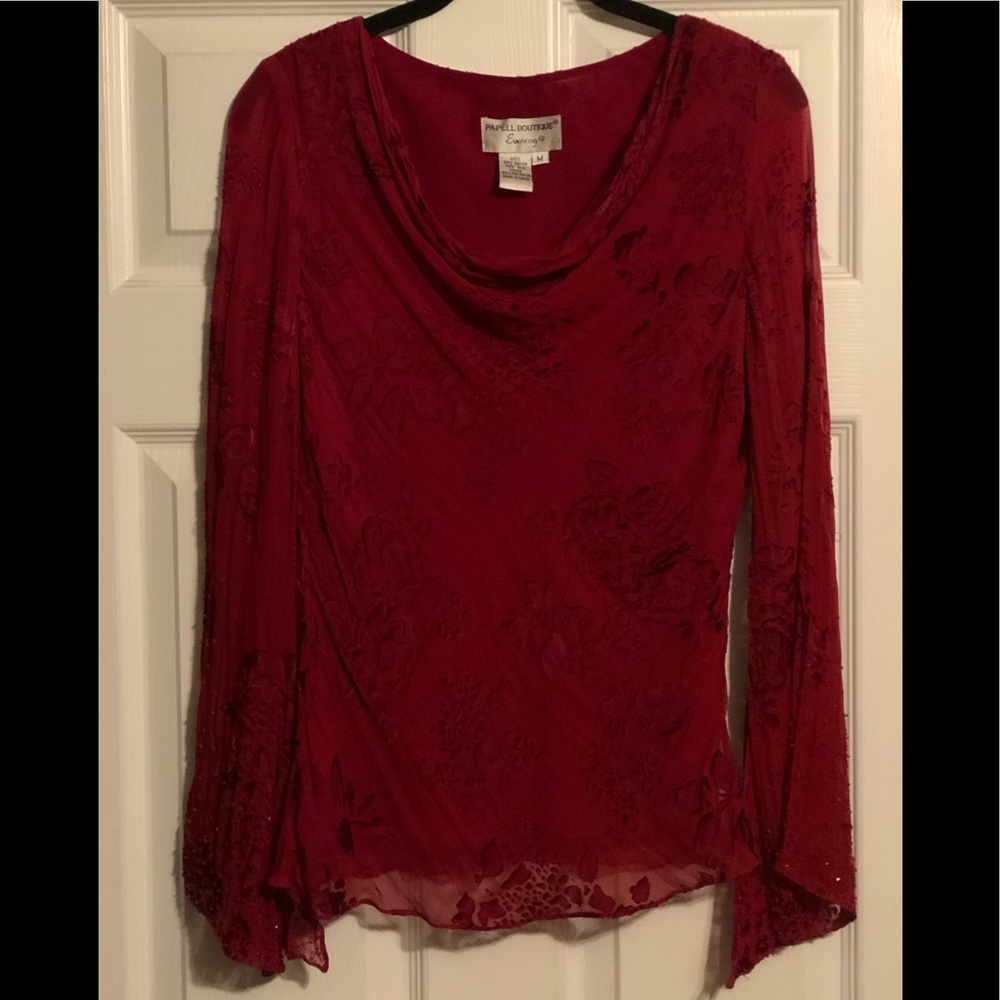 Papell Boutique Evening Red Velvet Burnout Blouse with Sequin Bell Sleeves